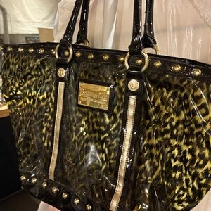 Betsyville by Betsy Johnson gold studded leopard vinyl tote
